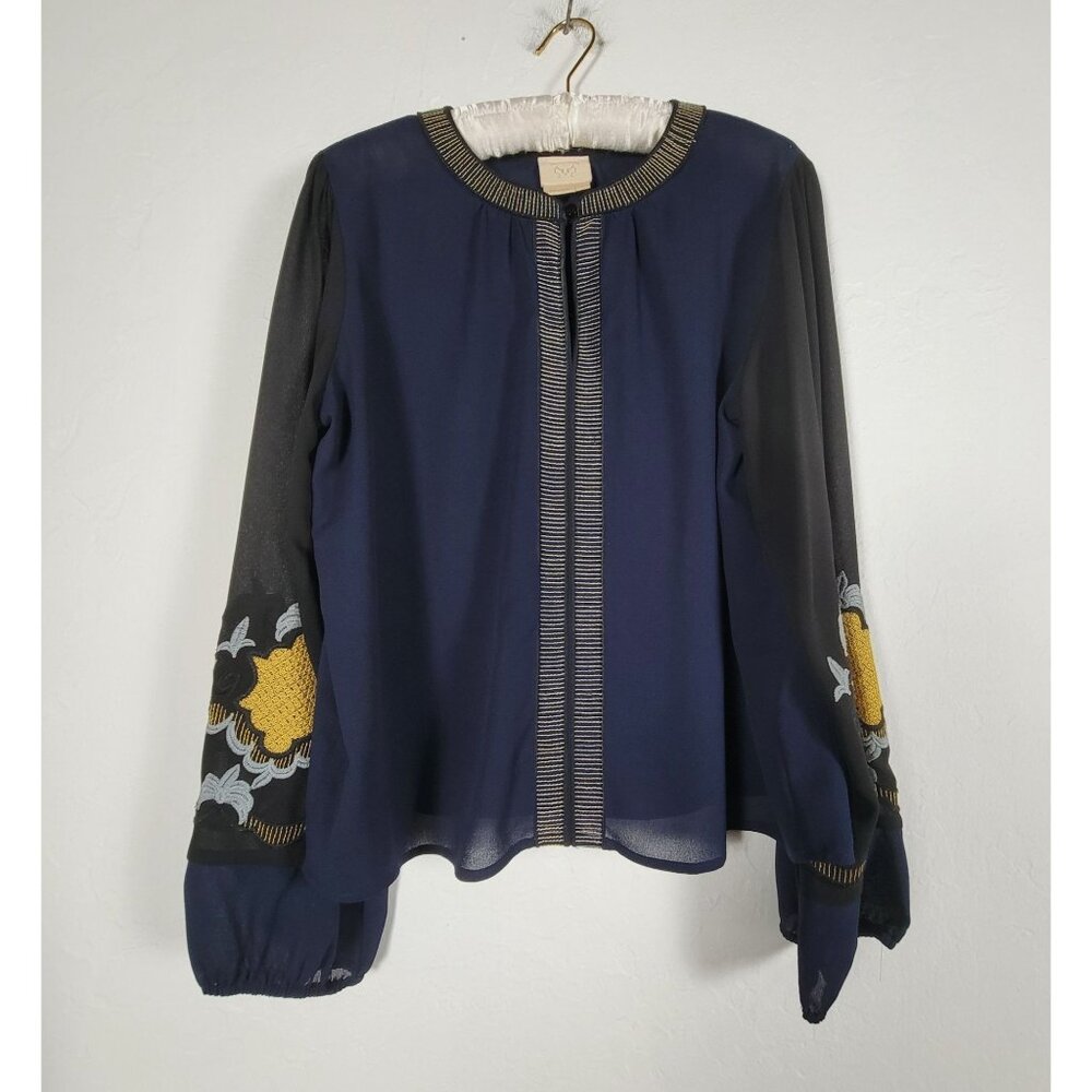 Vanessa Virginia Navy Colorblock Blouse Large with Embroidered Balloon Sleeves
